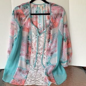 Style & Co. Blue and Pink Embellished 3/4 Sleeve Blouse